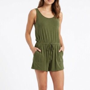 REORIA Olive Green Sleeveless Knit Romper Drawstring Waist Pockets Small